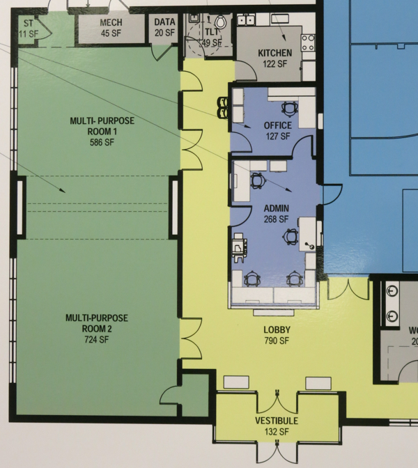 Combining multi-purpose rooms in green will create a space twice the size of the Room 2 now used by the Forum.