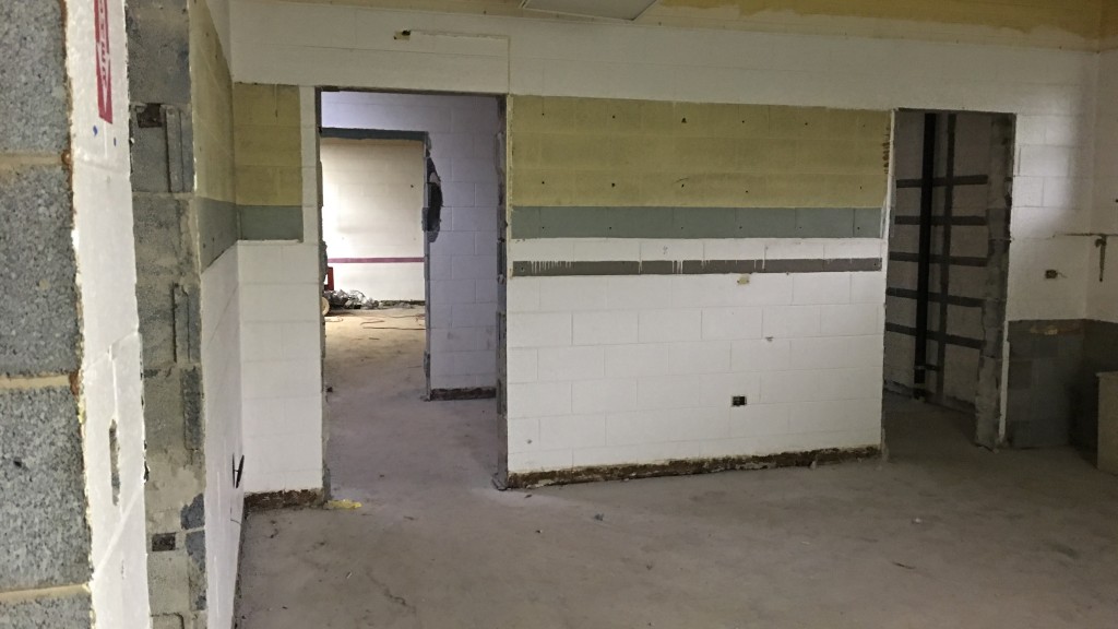 View from back meeting room, through old kitchen into Forum's old meeting area.