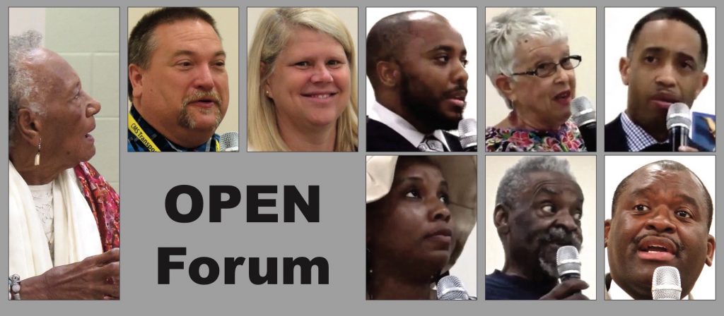 Clockwise from left: Sarah Stevenson on learning from Carlenia Ivory that she would be honored in December at the Gantt Center; Jon Kennerly from CMS Transportation; CIndy Jefferies of CMS human resources; Chris Chambers-Woodruff, financial planner; Sheila Peltzer, shared parenting advocate; Malcolm Davis, principal with Bermann Associates architechs/engineers/planners; Trevor Fuller, chair of the Mecklenburg Board of County Commissioners; Tommie Robinson, Charlotte artist and creator of a new nonprofit to teach business ownership skills; and Nakisa Glover about SafeLink, the federally subsidized program that issues Trakfones to income-eligible recipients.