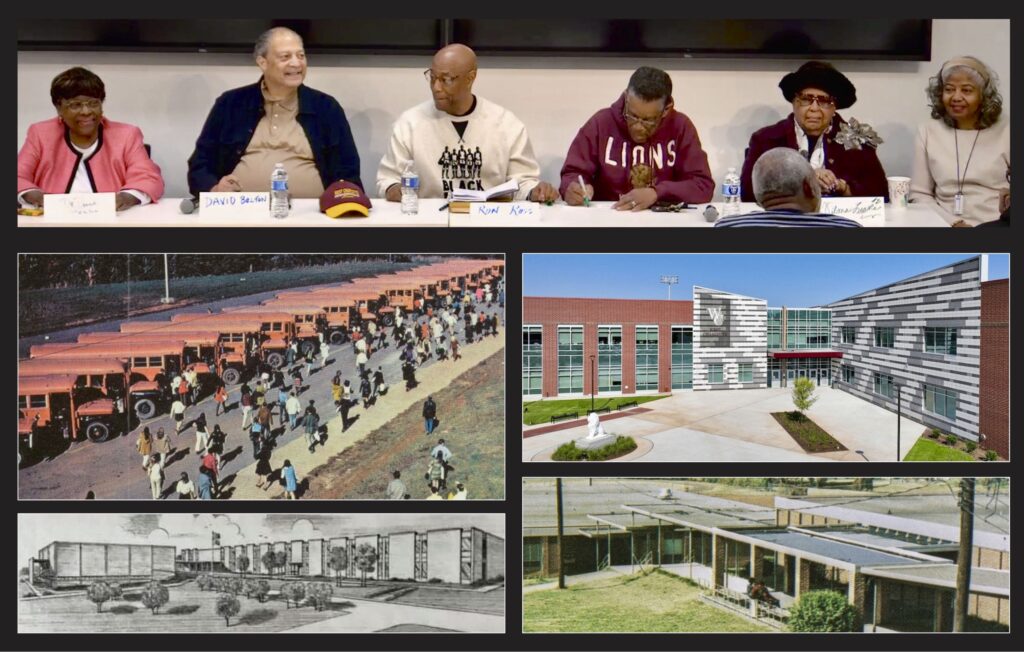 Dr. Donna Benson, David Belton, Ron Ross, Reuben Flax, Vilma Leake and Mary Johnson., photos from 1970s, of Independence and West Charlotte High School campuses.